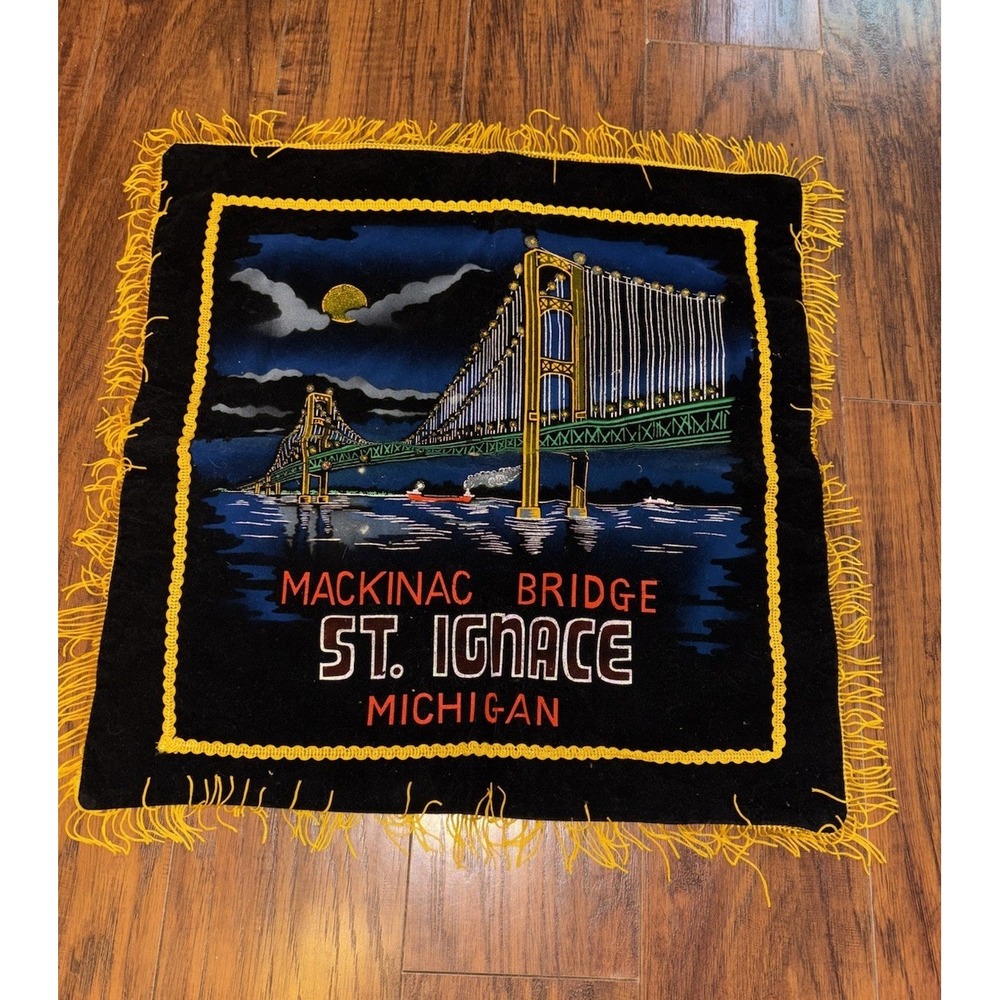Mackinaw Bridge 1957 Souvenir Painted Black Velvet 17" Square Bridge‎ Opening